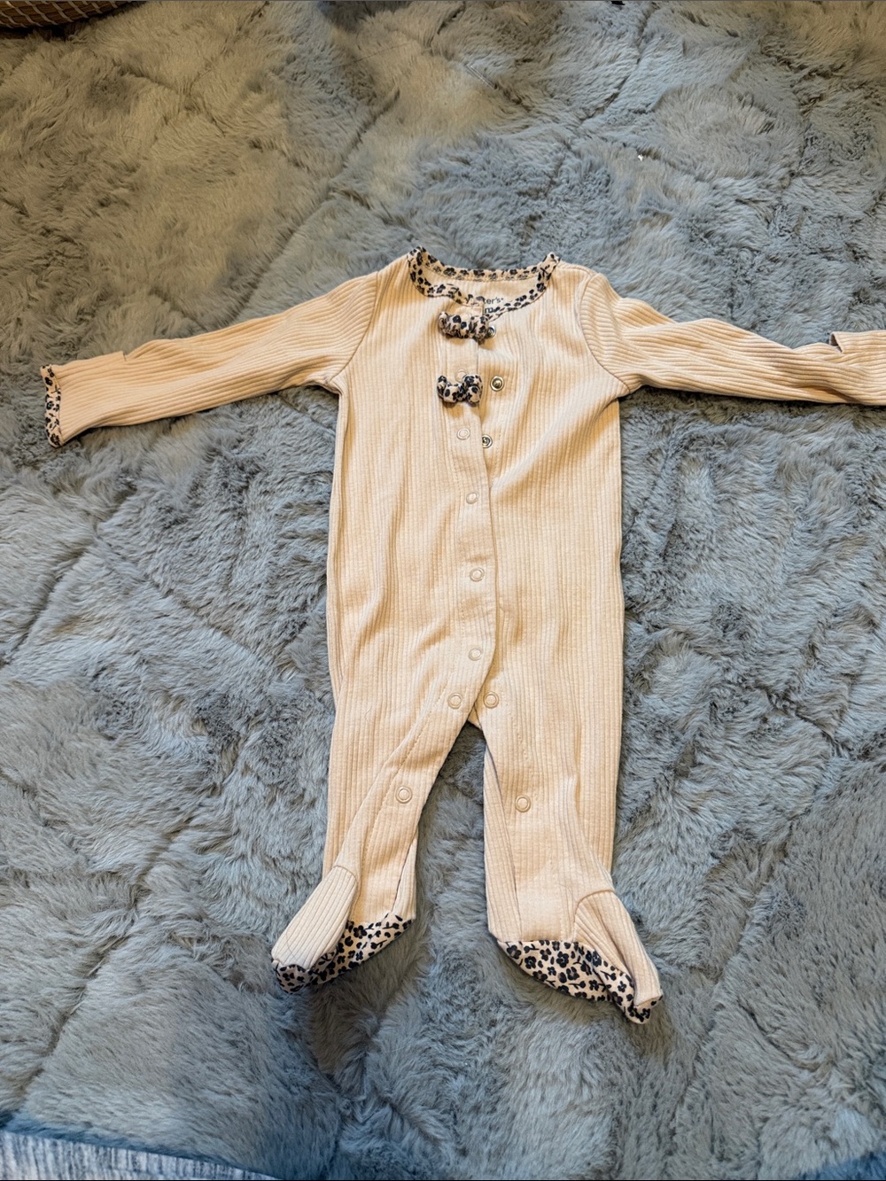 Cream Ribbed Baby One-Piece with Leopard Trim